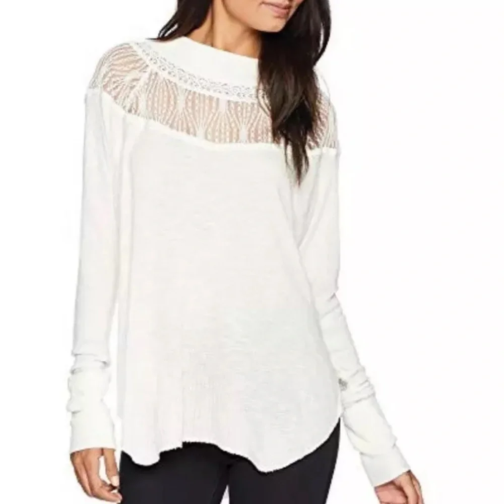 Free People - Spring Valley Long Sleeves Top | Women Small | Ivory Crotchet Lace